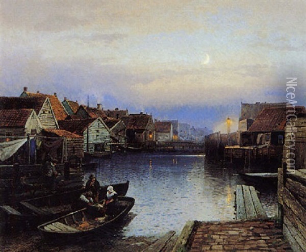 Boats Docking Along The City Canal At Night Oil Painting - Hermann Herzog
