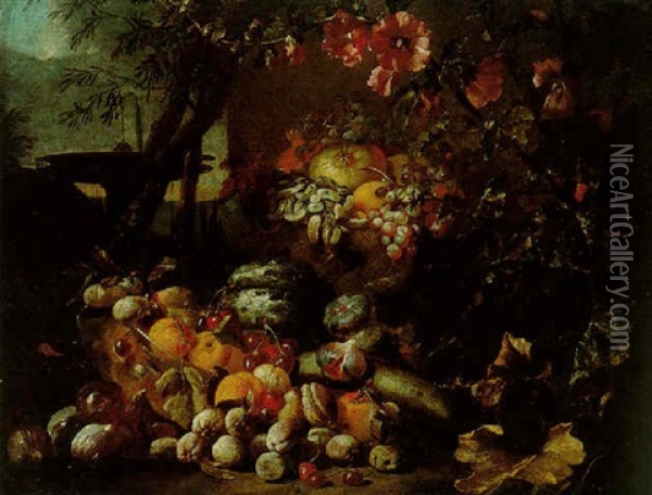 A Still Life Of Fruit In A Basket Together With A Glass Bowl Filled With Plums And Fruit In An Ornamental Garden Setting Oil Painting - Abraham Brueghel