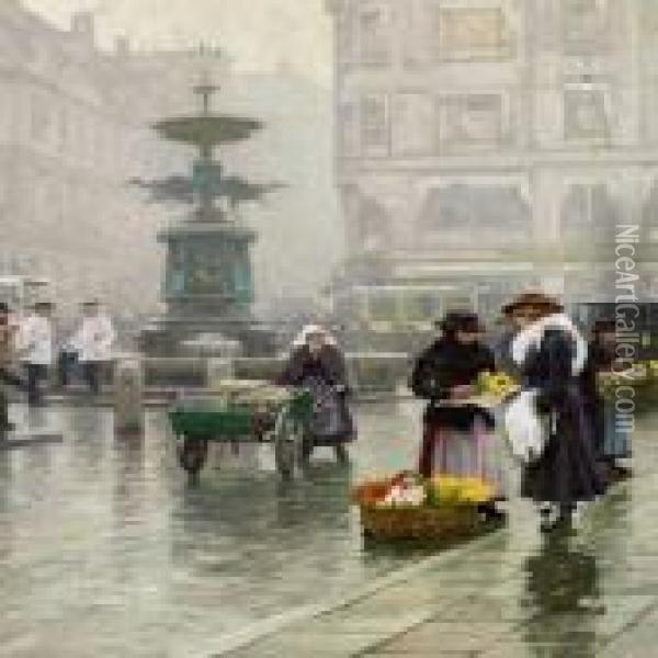 Hojbro Plads,copenhagen Oil Painting - Paul-Gustave Fischer