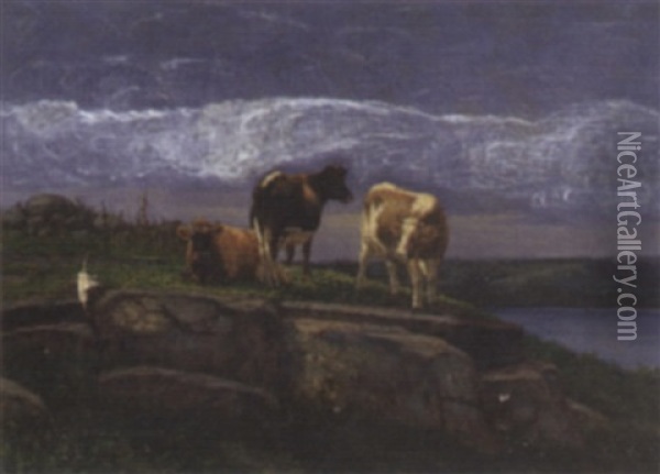 Three Cows Grazing On A Rocky Hillside Near A Lake Oil Painting - Silas S. Dustin