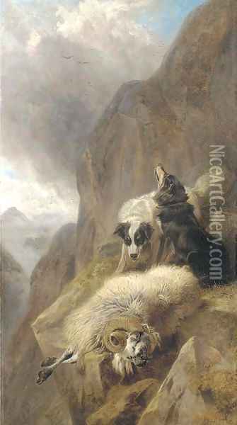 Sheepdogs with a stricken sheep in a mountainous Highland landscape Oil Painting - Richard Ansdell