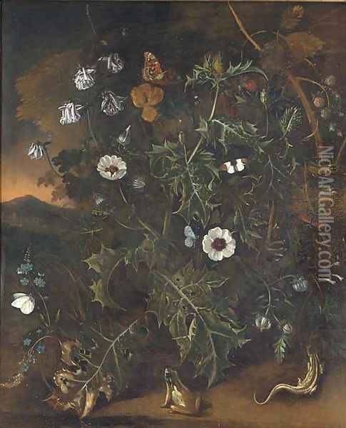 Thistles, brambles, poppies and other plants, with a bird's nest, a frog, a lizzard and butterflies, a mountainous sunset landscape beyond Oil Painting - Mathias Withoos