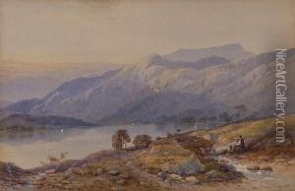 A Figure Overlooking A Lake With Mountainous Landscape Behind Oil Painting - Aaron Edwin Penley