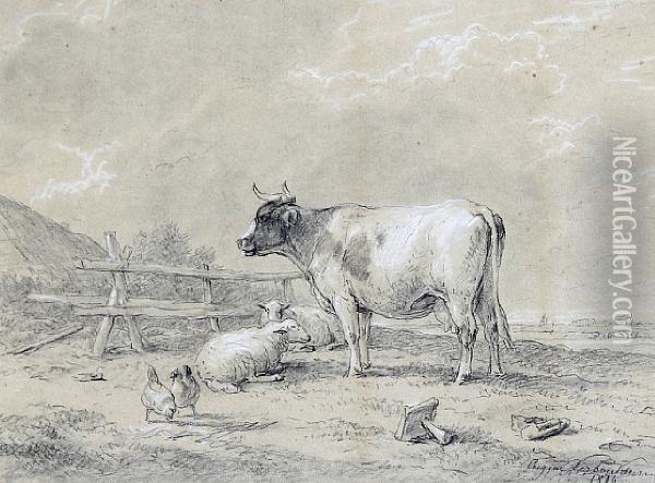 Cattle Resting In A Farmyard Oil Painting - Eugene Joseph Verboeckhoven