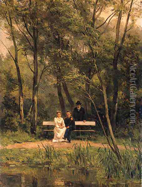 An elegant couple seated on a bench in a park with an attendent standing nearby Oil Painting - Jan Willem Van Borselen