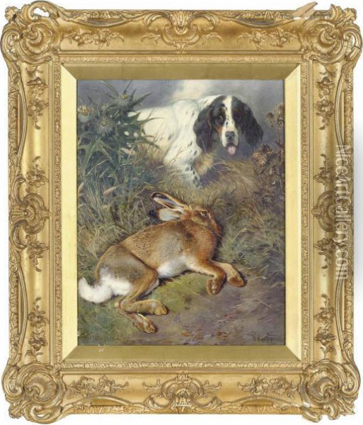 Hare And A Setter In A Landscape Oil Painting - William Arnold Woodhouse