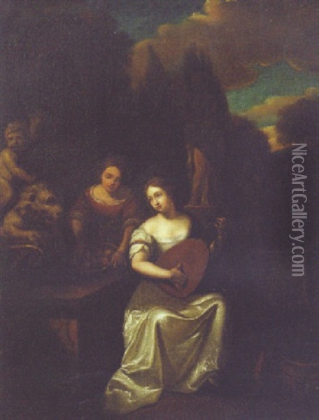 A Lady Kneeling Before A Statue Of Venus Oil Painting - Caspar Netscher