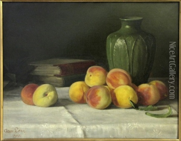 Grueby Vase, Peaches & Books Oil Painting - Adam Lehr