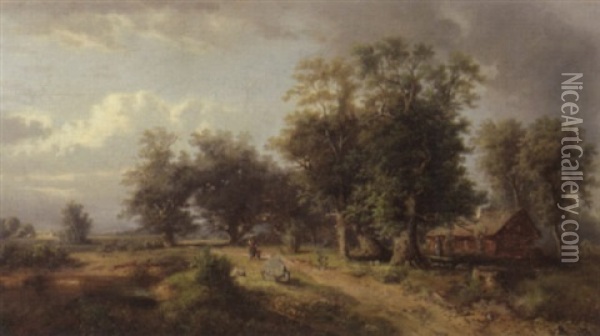 Landschaft Mit Bauernhaus Und Baumen Bei Einem Teich Oil Painting - Gustav Barbarini