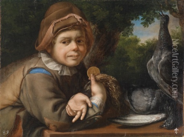 Ein Junger Geflugelhandler Mit Einer Spanischen Escudomunze Mit Dem Portrat Konig Philipps V. Von Spanien Oil Painting - Mariano Nani