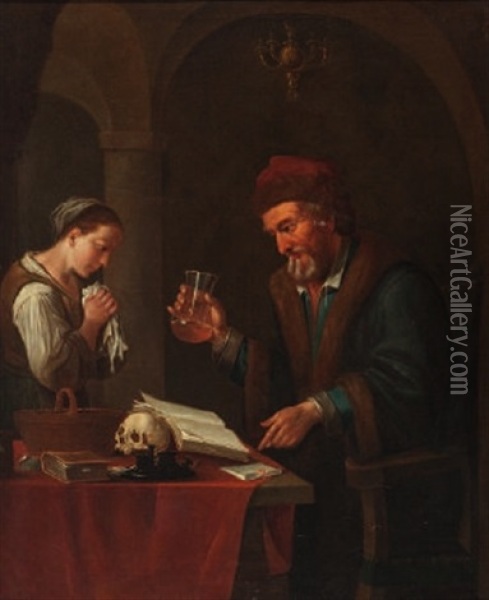 Junge Frau In Der Studierstube Des Arztes Oil Painting - Johann Daniel Herz the Elder