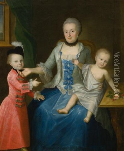 Portrait Of Fridericia Adolphina Countess Von Schlieben And Her Two Sons, Gotthelf Sigismund And Adolf Friedrich Oil Painting - Johann Gottlieb Becker