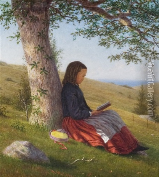 Young Girl Reading By A Tree Oil Painting - William Moore Davis