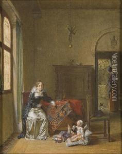 Une Femme Assise Dans Un 
Interieur Hollandais Surveillant Ses Enfants, Une Gouvernante A 
L'arriere-plan Oil Painting - Jean-Baptiste Mallet