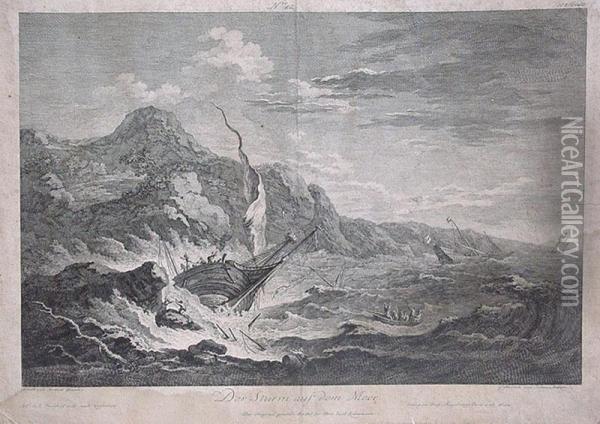 Der Sturm Aufdem Meer -, Kupferstich, 30,5 X 43 Cm, Bez. In Derplatte U. Re Oil Painting - Johann Balzer