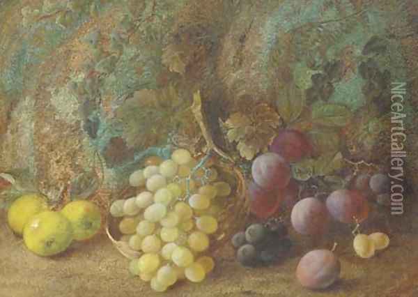 Still life of apples, plums and grapes in a basket on a mossy bank Oil Painting - Vincent Clare