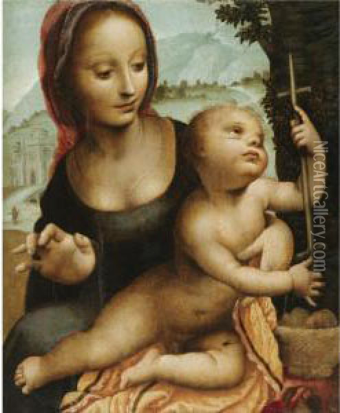 The Virgin And Child In A Landscape, 'madonna Of The Yarnwinder' Oil Painting - Fernando Yanez De la Almedina