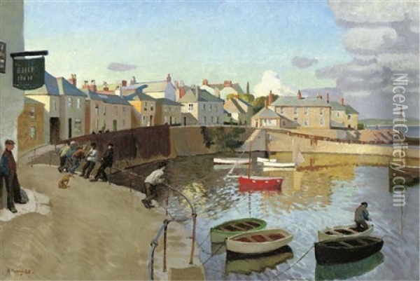 A View Of Mousehole Oil Painting - Harold Harvey