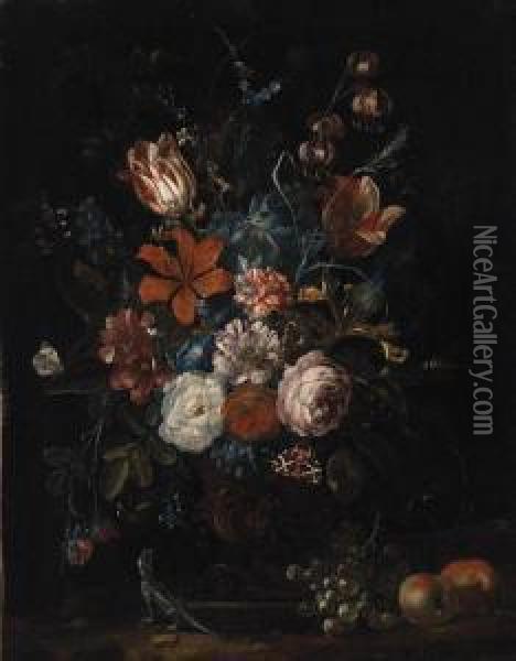 Roses, Tulips, Lillies, 
Carnations, Convolvulus And Other Flowersin An Ornamental Vase With 
Apples, Grapes, And A Lizard On Aledge Oil Painting - Rachel Ruysch