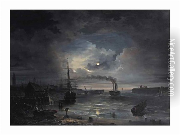 Harbour At Night Oil Painting - Desire Donny