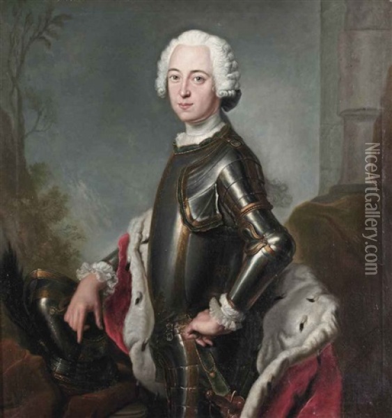 Portrait Of Friedrich, Duke Of Mecklenburg-schwerin, Called Friedrick Der Fromme, In Armour And An Ermine-lined Red Cloak, Standing Near A Column In A Landscape Oil Painting - Antoine Pesne