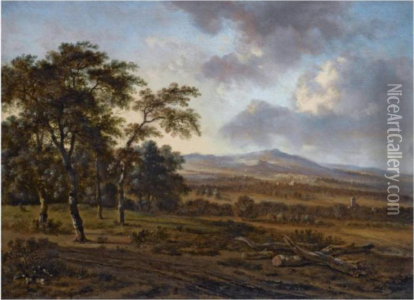 A Hilly Landscape With A Group Of Trees To The Left, A Church Tower In The Distance Oil Painting - Jan Wijnants