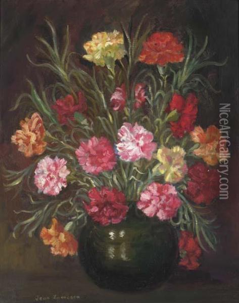 Still Life With Carnations In A Vase Oil Painting - Joan Jameson