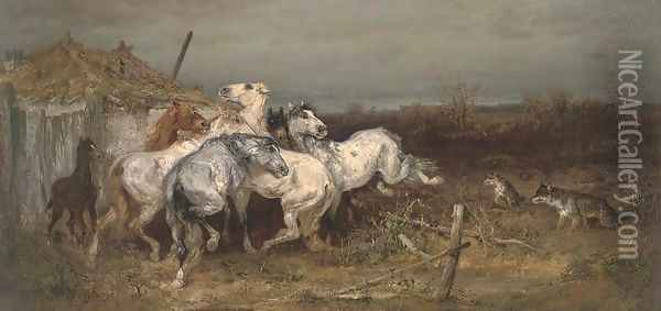 Horses startled by wolves Oil Painting - Adolf Schreyer