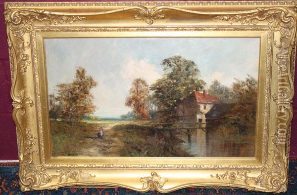 Figure Walking In A Country Lane Beside A Cottage Andpond Oil Painting - F.E. Jamieson
