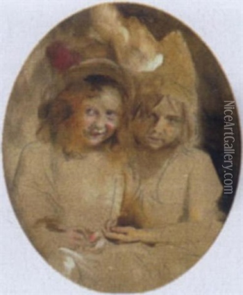 Portrait Of Two Young Girls (the Artist's Daughters?) Oil Painting - Franz Seraph von Lenbach