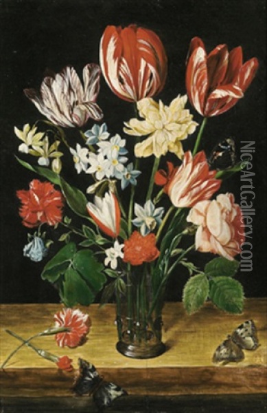 Blumenstraus In Einer Glasvase Oil Painting - Jacob van Hulsdonck