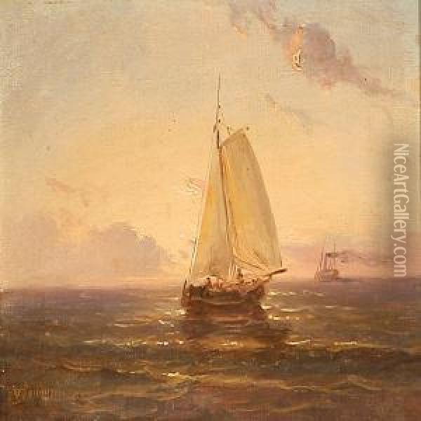 Marine With Sailing Ships On A Quietevening Oil Painting - Niels Simonsen