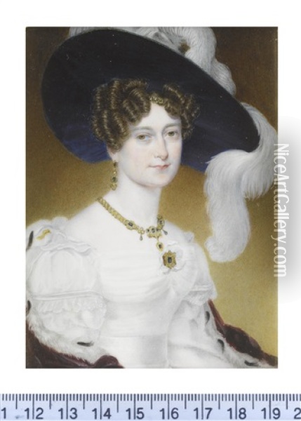 Victoria, Duchess Of Kent (1786-1861), Wearing White Decollete Dress With Lace Trim To Sleeves, Her Ermine Trimmed Crimson Cloak Draped... Oil Painting - Henry Collen