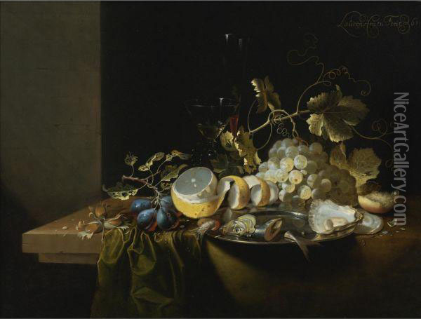 Still Life Of Hazelnuts, Grapes, Oysters And Other Foods On Adraped Table Oil Painting - Laurens Craen