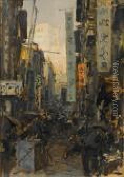 Hong Kong Street (towards Victoria Peak) Oil Painting - Erich Kips
