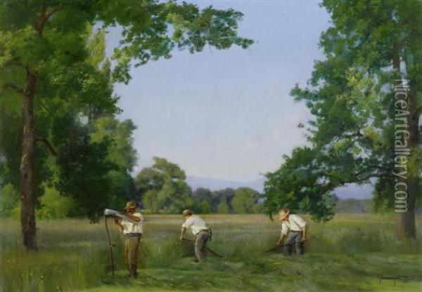 Three Men Harvesting Wheat Oil Painting - Abraham Hermanjat