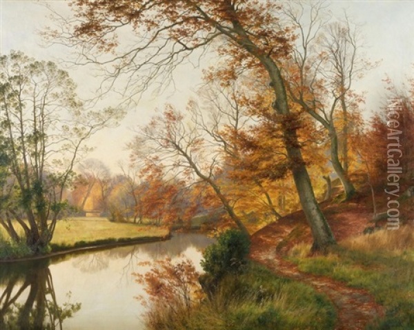 Herbstliche Flusslandschaft Oil Painting - Janus la Cour