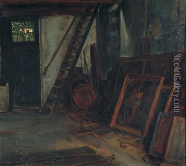 Interieur Aus Hoorn. Blick In Den Gemaldespeicher Eines Hollandischen Antiquars Oil Painting - Fritz (Alexander Friedrich) Werner