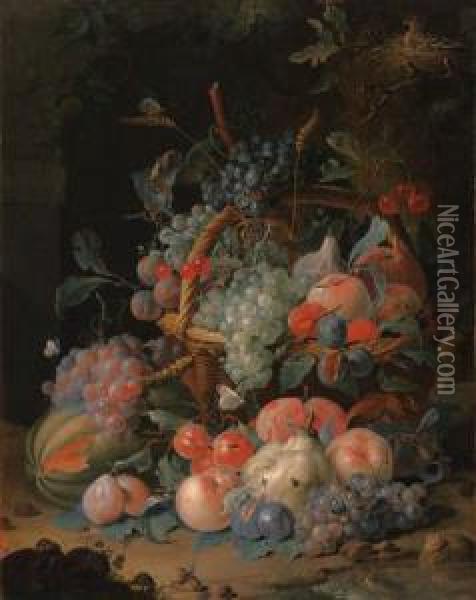 Grapes, Cherries, Plums, Raspberries, Tangerines, Apples, Oranges,peaches, Pears, Apricots And Ears Of Corn In A Basket, With A Melonand Other Fruit, Two Birds In A Nest, A Snail, A Fly, A Toad,butterflies, A Caterpillar And Other Insects In An Alcove Oil Painting - Coenraet Roepel