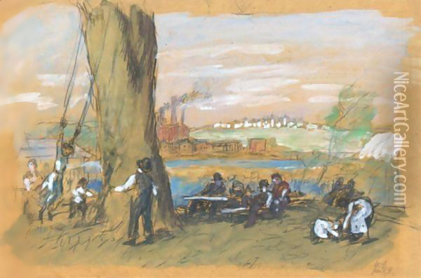 Park Near Factory (Park Scene On The Delaware) Oil Painting - William Glackens