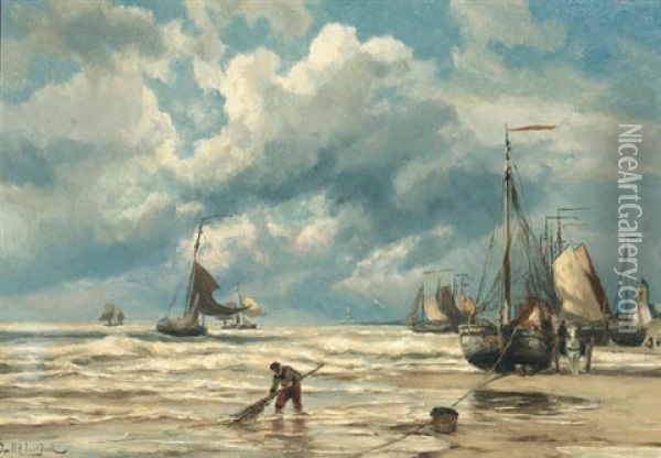 Bomschuiten With Fishermen On Katwijk Beach Oil Painting - Johannes Hermanus Barend Koekkoek