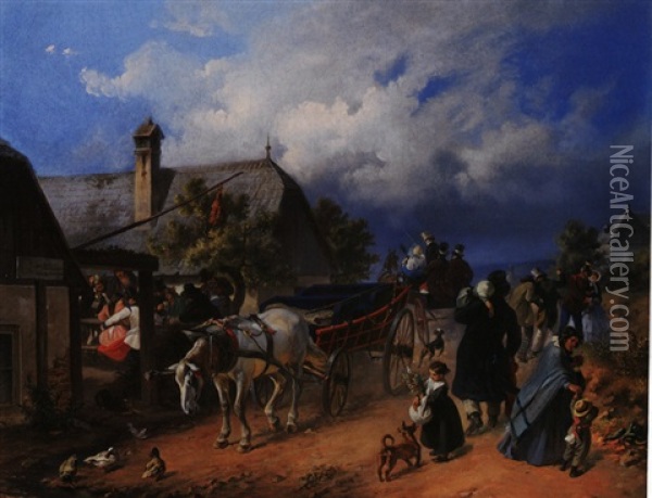 Pferdekutschen Mit Besuchern Einer Heurigenstation Oil Painting - Johann Friedrich Treml