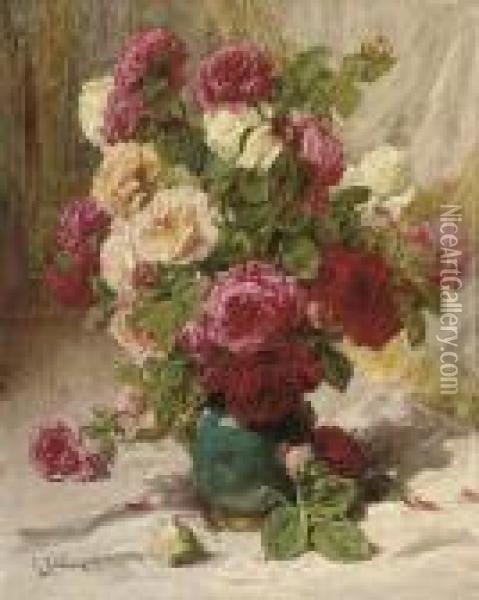 Red, Yellow And White Roses In A Green Vase Oil Painting - Georges Jeannin