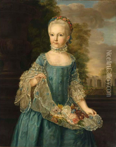 A Portrait Of Adriana Petronella Gravin Van Nassau Woudenberg (1757-1789), Aged 8, Standing Three-quarter Length, Wearing A Blue Dress With White Lace Cuffs, Holding Flowers In Her Apron, In A Landscape Oil Painting - Tethart Philip Christiaan Haag