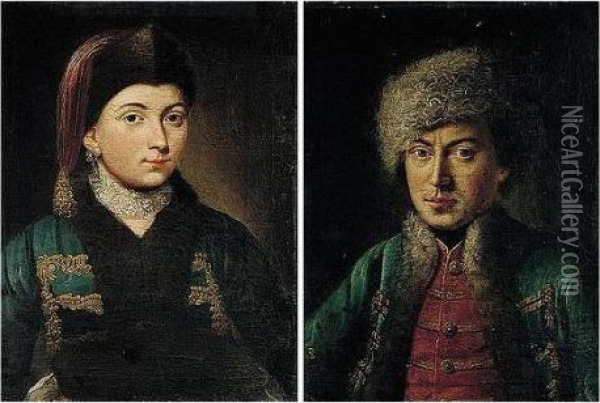 Portraits Of A Gentleman And A 
Lady, Half Lengths, He Wearing A Blue Coat And Fur Hat, She A Blue Coat 
With Gold Braid And A Fur Hat Oil Painting - Pietro Antonio Rotari
