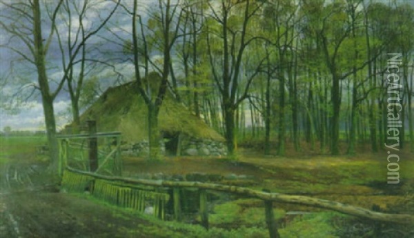 Alter Schafstall In Der Heide Im Ersten Fruhlingsgrun Oil Painting - Richard De Bruycker