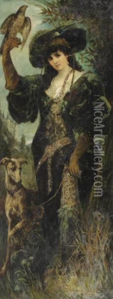 A Lady With A Falcon And A Dog Oil Painting - Schneider Heinrich & Wilhelm