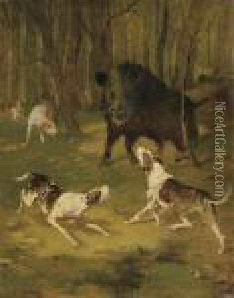 Boar Hunting In A Forest Oil Painting - John Emms