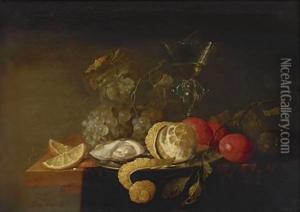 Still Life With A Peeled Lemon, Orange Slices, An Oyster, Plums, Grapes And A Facon-De-Venise Glass Filled Oil Painting - Jan Davidsz. De Heem