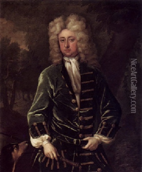 Portrait Of Sir Charles Shuckburgh Wearing A Green Coat, His Dog By His Side Oil Painting - Michael Dahl